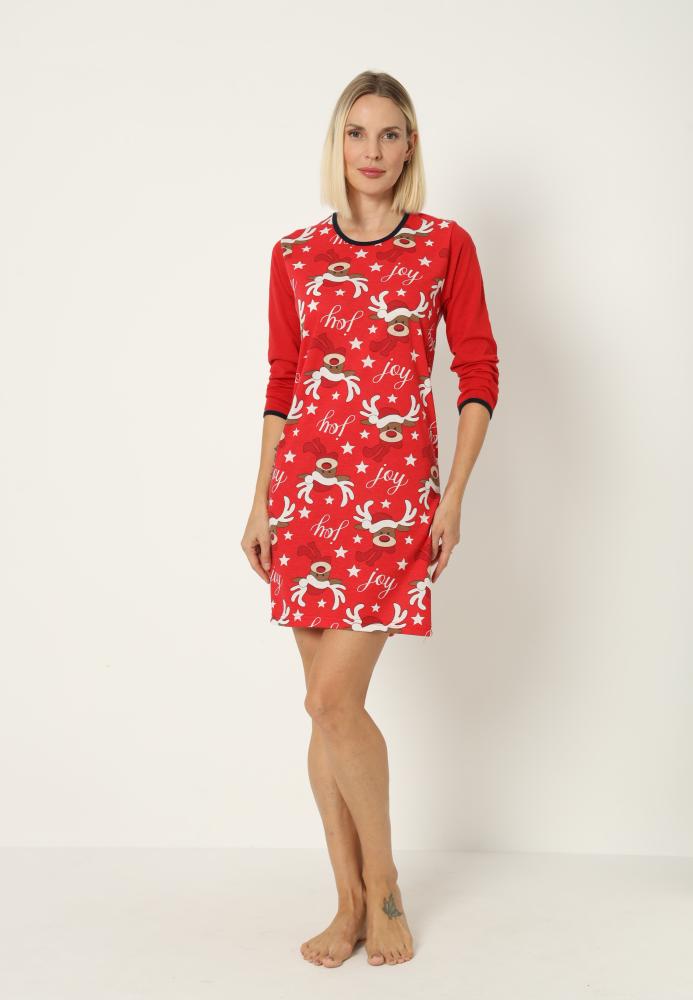 Camasa de noapte Craciun,imprimeu reni,culoare rosu ,En-gros